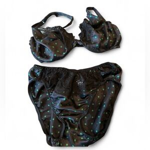 Vintage Valentino Intimo Bra & Panty Black w/Green Polka dots Set sz L and 36D